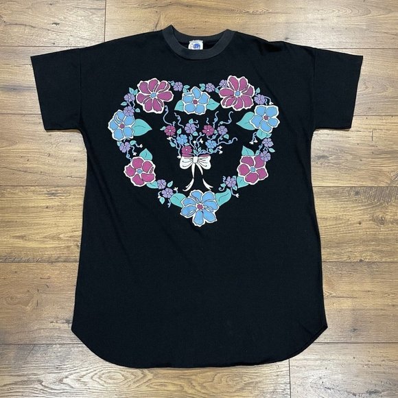 Vintage NiteWear Sleep Tee One‎ Size Puffy Paint Heart 80s 90s Gown Shirt Black - Picture 1 of 11